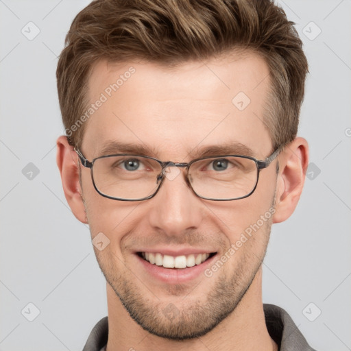 Joyful white adult male with short  brown hair and grey eyes