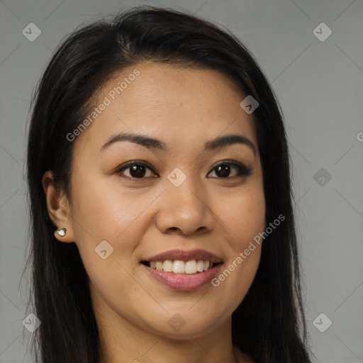 Joyful latino young-adult female with long  brown hair and brown eyes