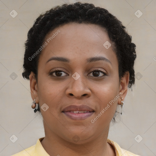 Joyful latino young-adult female with short  brown hair and brown eyes