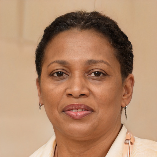 Joyful latino adult female with short  brown hair and brown eyes