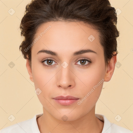 Neutral white young-adult female with short  brown hair and brown eyes