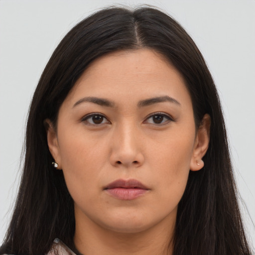Neutral asian young-adult female with long  brown hair and brown eyes