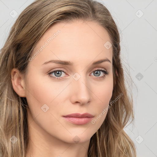 Neutral white young-adult female with long  brown hair and blue eyes