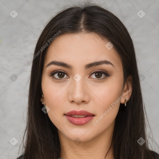 Neutral white young-adult female with long  brown hair and brown eyes