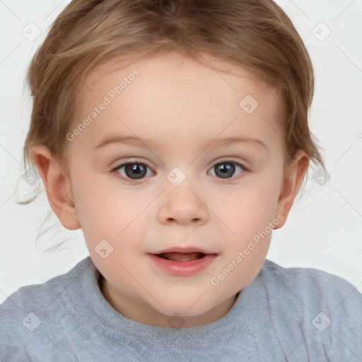 Joyful white child female with short  brown hair and brown eyes