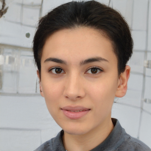 Neutral asian young-adult female with short  brown hair and brown eyes