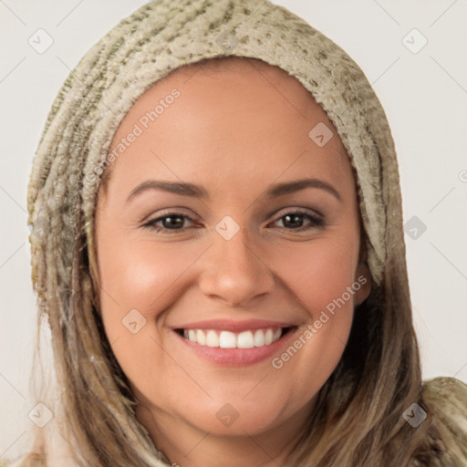 Joyful white young-adult female with long  brown hair and brown eyes