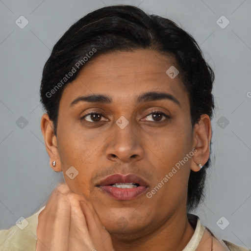 Joyful asian young-adult female with short  brown hair and brown eyes