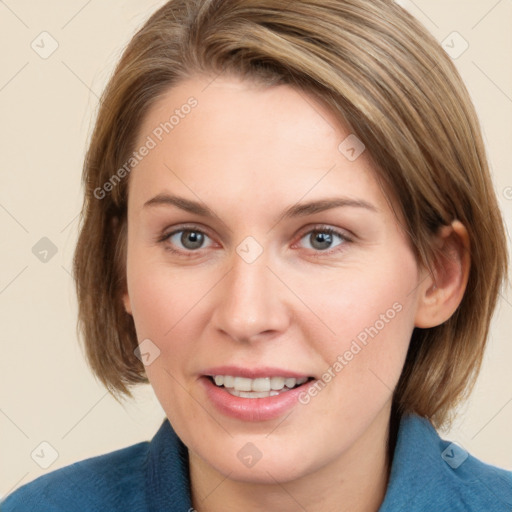 Joyful white young-adult female with medium  brown hair and blue eyes