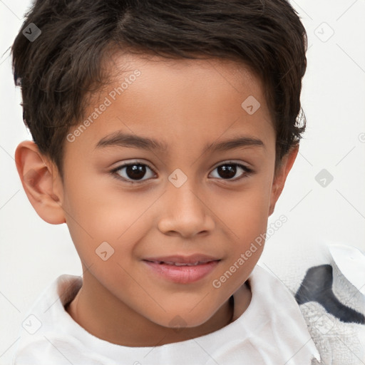 Joyful white child female with short  brown hair and brown eyes