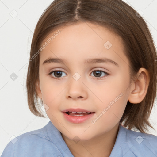 Joyful white child female with medium  brown hair and brown eyes