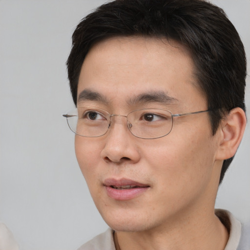 Joyful asian young-adult male with short  brown hair and brown eyes