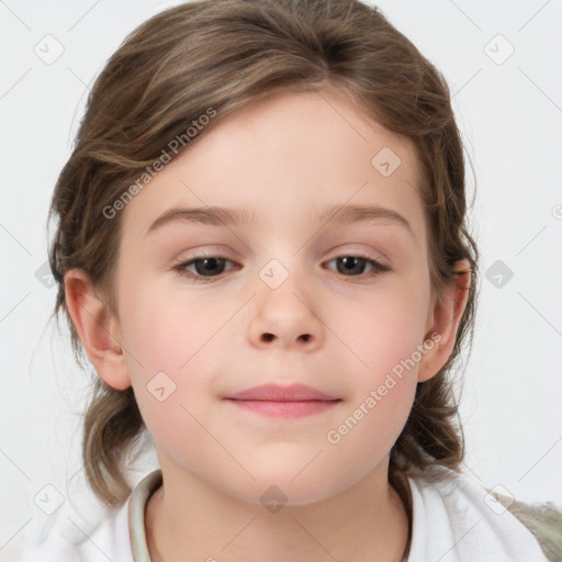 Neutral white child female with medium  brown hair and grey eyes