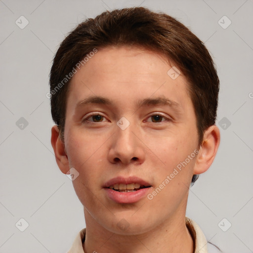 Neutral white young-adult male with short  brown hair and brown eyes