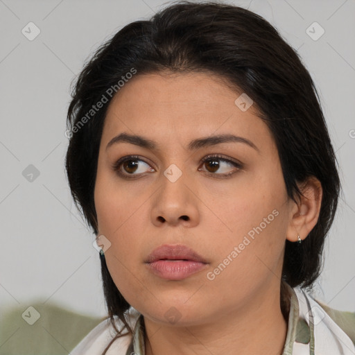 Neutral asian young-adult female with medium  brown hair and brown eyes