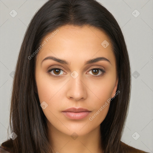 Neutral white young-adult female with long  brown hair and brown eyes