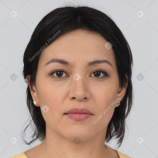 Neutral asian young-adult female with medium  black hair and brown eyes