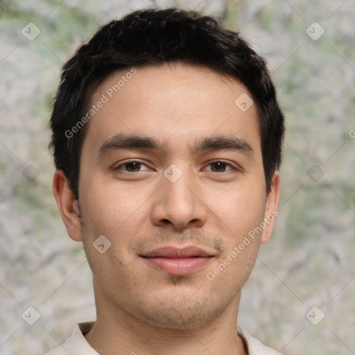 Joyful asian young-adult male with short  brown hair and brown eyes