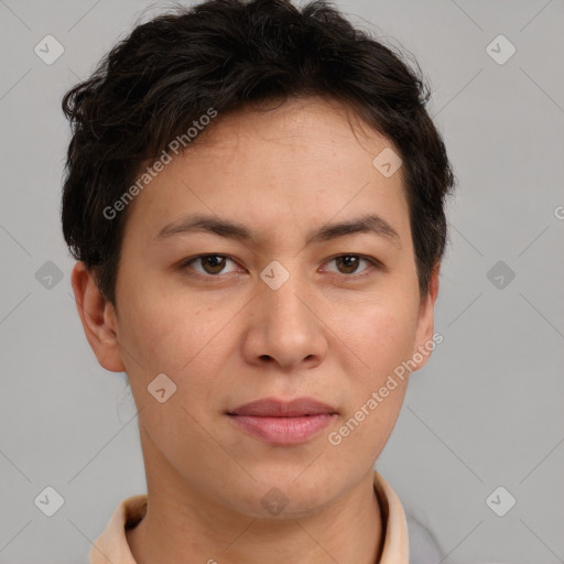 Joyful asian adult female with short  brown hair and brown eyes