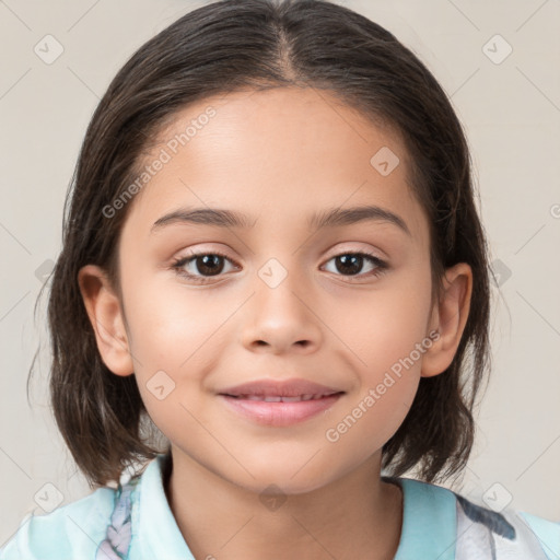 Joyful white child female with medium  brown hair and brown eyes