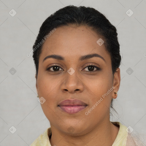 Joyful latino young-adult female with short  brown hair and brown eyes