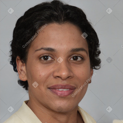 Joyful latino adult female with short  brown hair and brown eyes