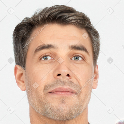 Neutral white adult male with short  brown hair and brown eyes