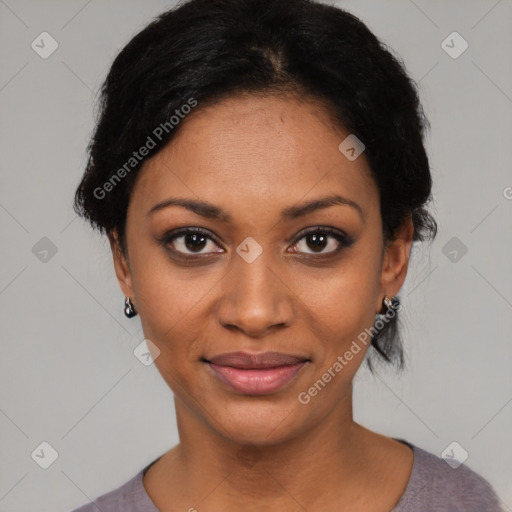 Joyful black young-adult female with short  black hair and brown eyes