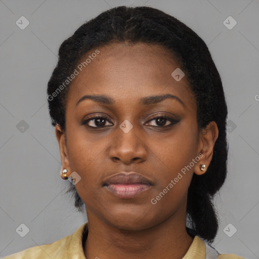 Neutral black young-adult female with medium  black hair and brown eyes