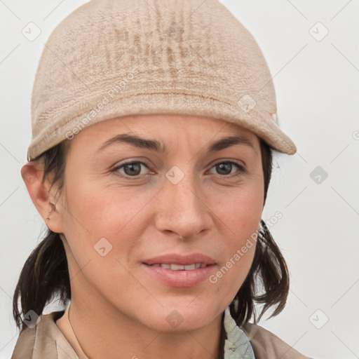 Joyful white young-adult female with medium  brown hair and grey eyes