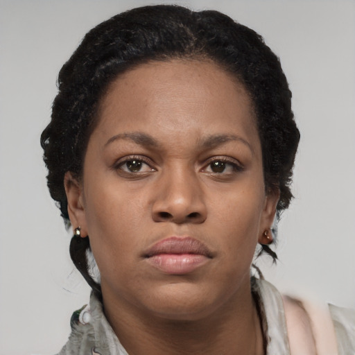 Neutral black young-adult female with short  brown hair and brown eyes