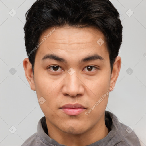 Neutral white young-adult male with short  black hair and brown eyes