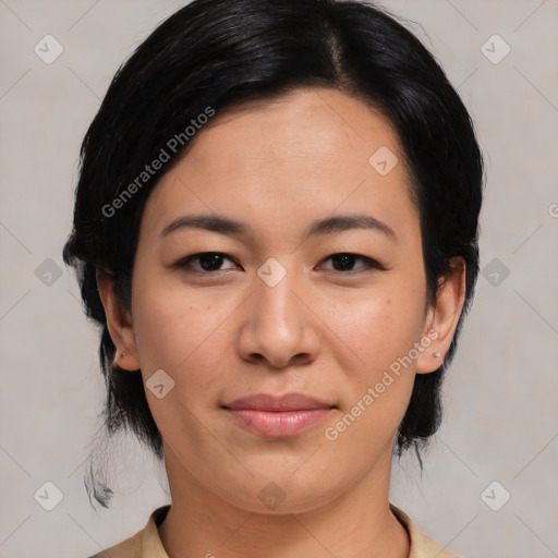 Joyful asian young-adult female with medium  black hair and brown eyes