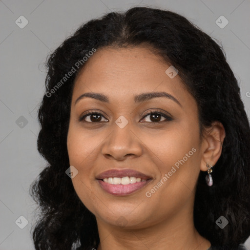 Joyful latino young-adult female with long  brown hair and brown eyes