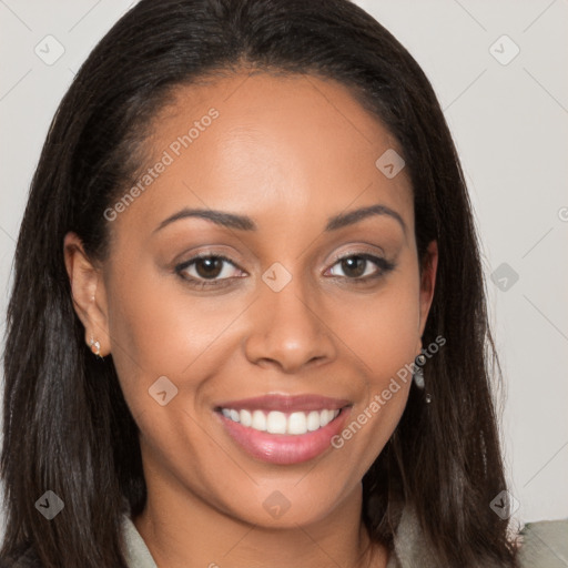 Joyful latino young-adult female with long  brown hair and brown eyes