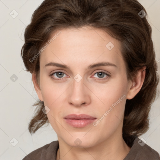 Neutral white young-adult female with medium  brown hair and grey eyes