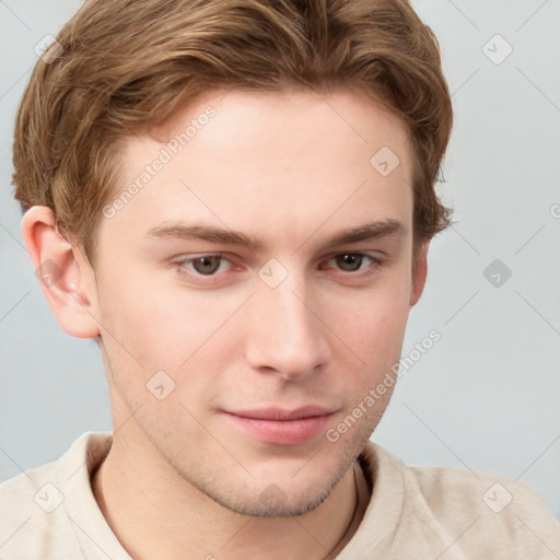 Neutral white young-adult male with short  brown hair and grey eyes