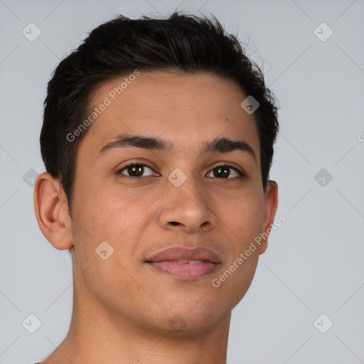 Joyful latino young-adult male with short  brown hair and brown eyes