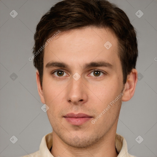 Neutral white young-adult male with short  brown hair and brown eyes