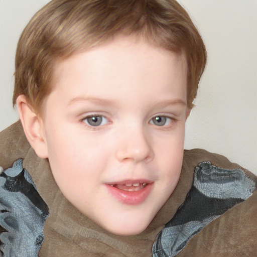 Joyful white child female with short  brown hair and blue eyes