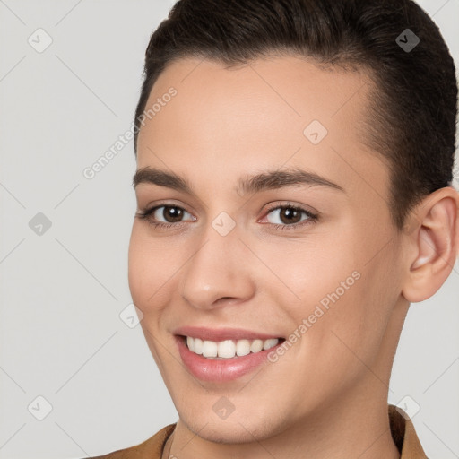 Joyful white young-adult female with short  brown hair and brown eyes