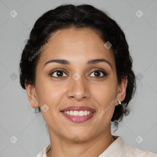 Joyful latino young-adult female with medium  brown hair and brown eyes