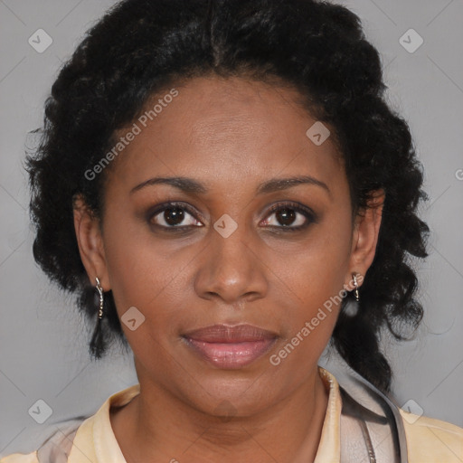 Neutral black adult female with medium  brown hair and brown eyes