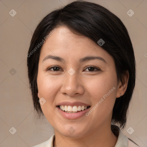 Joyful white young-adult female with medium  brown hair and brown eyes