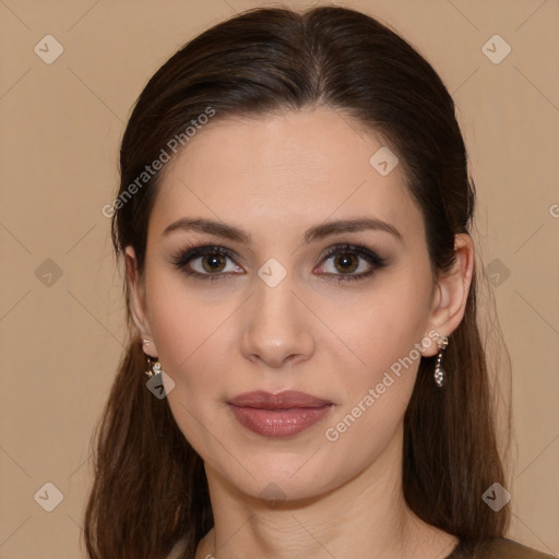 Joyful white young-adult female with long  brown hair and brown eyes