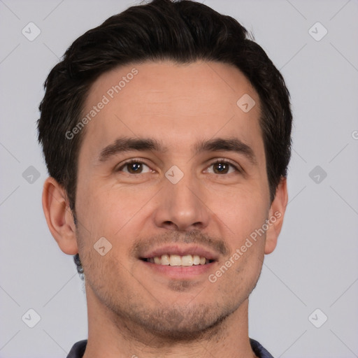 Joyful white young-adult male with short  brown hair and brown eyes