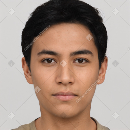 Neutral asian young-adult male with short  black hair and brown eyes