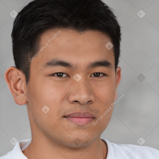 Joyful asian young-adult male with short  brown hair and brown eyes