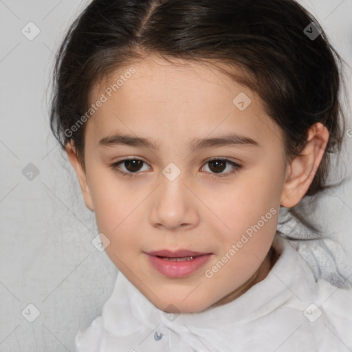 Joyful white child female with medium  brown hair and brown eyes