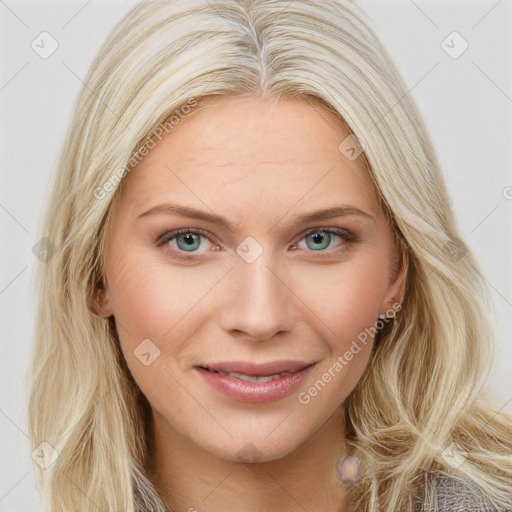 Joyful white young-adult female with long  brown hair and blue eyes